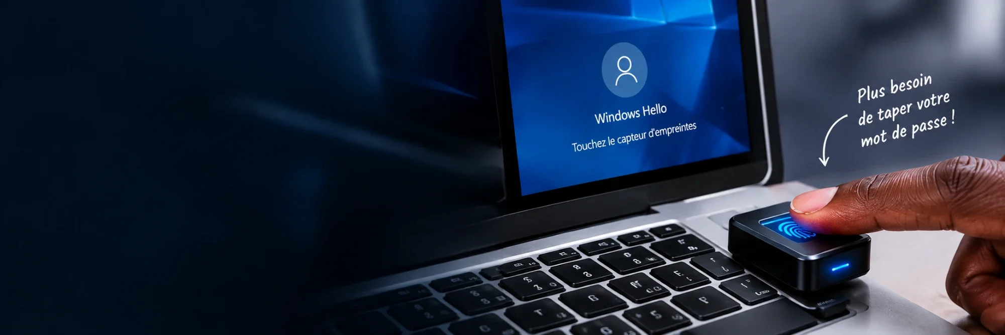 Doigt posé sur un lecteur d’empreintes branché à un ordinateur portable affichant Windows Hello